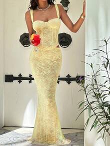 Opulessa 女士纯色针织蕾丝修身吊带背心和紧身半身裙两件套，春夏款 - 淡黃色 - 查看 2