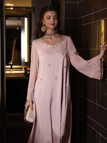 Al Najma Elegant Sweetheart Neck Studded Pearl Flare Sleeve Swing Dress, Spring/Summer