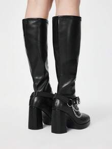 ROMWE Grunge Punk Giày bốt cao cổ nữ đế dày, có khóa điều chỉnh, trang trí dây xích, gót chunky, cao đến đầu gối. - màu đen - Xem 5