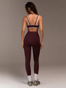 Fluxe Set de 2 piezas: Top corto deportivo y leggings de cintura alta con cordón para mujer - Café integral - Ver 7