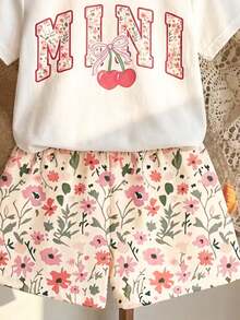 2件套，适合4-7岁女童，花朵樱花字母印花圆领短袖T恤+樱花短裤，轻薄面料，可爱花朵短袖短裤套装，休闲夏季装扮 - 彩色 - 查看 5