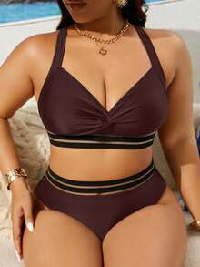 Swim Lushoire Plus Size Women's Summer Beach Striped Mesh Sexy Bikini Swimsuit Set - Brown - View 6