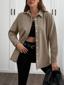 SHEIN Cottnline Solid Color , Rhinestone Details, Over Shirt Jacket - Mocha Brown - View 5