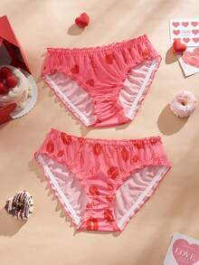 Eraneu 2条装女士粉色嘴唇和爱心图案荷叶边内裤，情人节 - 紅色 - 查看 5
