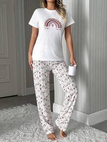 EURMUSE Ensemble de pyjama de détente en coton pour femmes grandes tailles, avec Top de pyjama à motif arc-en-ciel rétro et bas de pyjama long à motif rétro - Rouge foncé - Voir 3