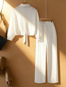 Franclia 女士休闲通勤梭织纯色衬衫和直筒裤两件套 - 白色 - 查看 2