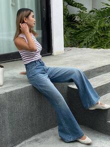 DAZY 女士常规中腰喇叭牛仔裤 - 中等水洗藍 - 查看 5