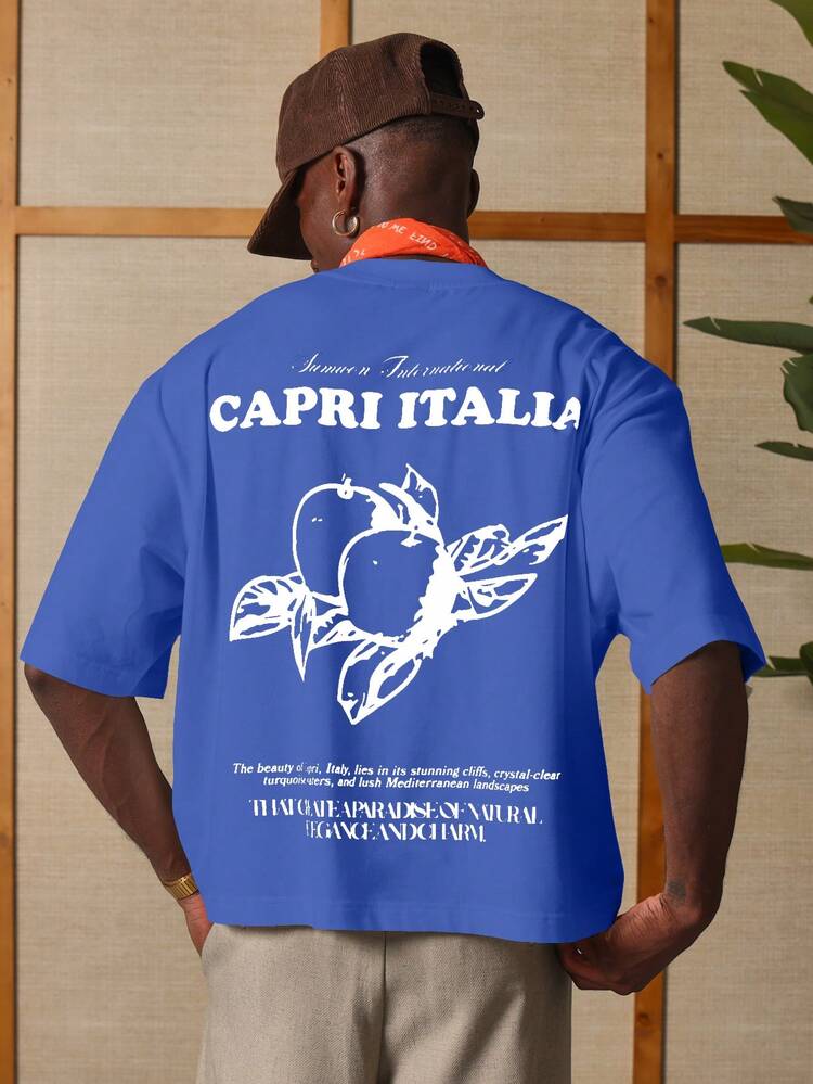 Camiseta corta de hombre azul con estampado de Capri Italia, de manga corta, para vacaciones de verano, tema de viaje italiano, talla grande
