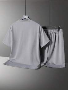 Vacaura 2pcs Casual Outfit For Teenage Boys, Fashionable And Stylish With 3D Graphic Print, Round Neck T-Shirt With Arched Side Design, Shorts With Simple Woven Label And Arched Hem, Suitable For Summer And Autumn - Grey - View 2