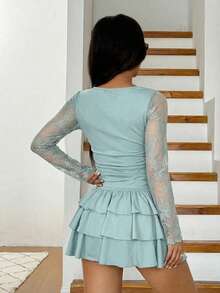 SHEIN EZwear 女士新款秋季黑色蕾丝拼接层叠荷叶边迷你连衣裙 - 薄荷綠 - 查看 2