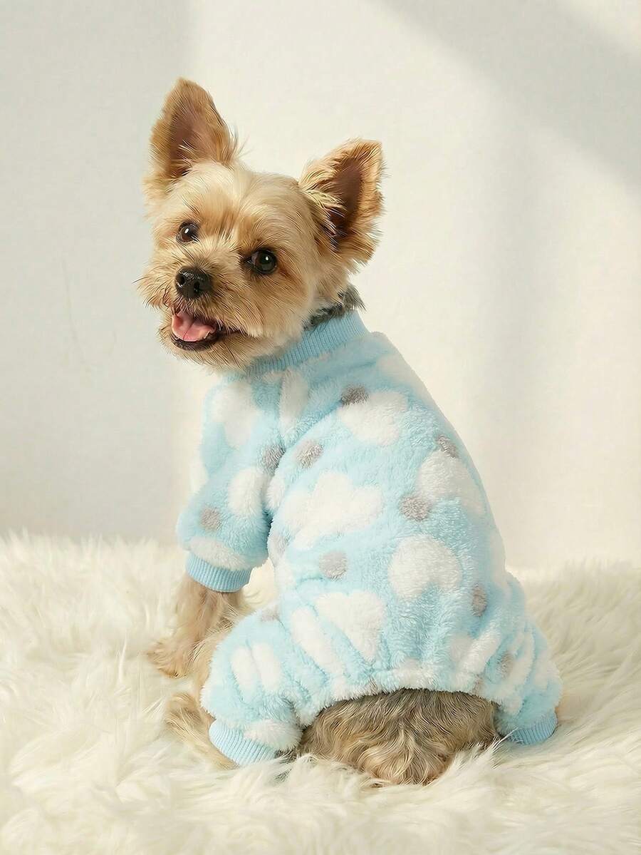 PETSIN 1pc White Heart-Shaped Polka Dot Pet Jumpsuit Autumn And Winter Thick Warm Flannel Pet Clothing - Multicolor - View 1