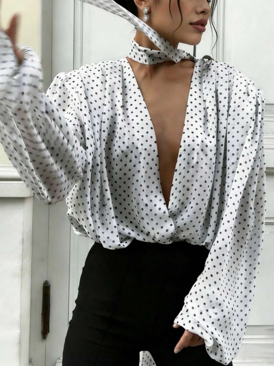 SHEIN Glamour Sexy Deep V Polka Dot Print Vacation Style Women's Summer Long Sleeve Shirt (Irregular Print) Puff Sleeve Blouse Lantern Sleeve Blouse Polka Dots White Blouse Elegant Sexy Blouses - White - View 1