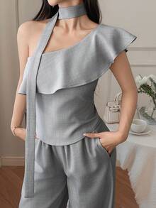 DAZY Women's Light Grey Summer Elegant Party 2 Pieces Set,Oblique Shoulder Grey Top And Straight Pants Outfit,Graceful Commuter Old Money Style Work Suit - Grey - View 6