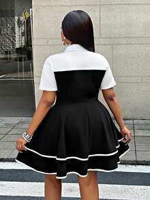 Maweii 大码女式复古黑白学院风双层下摆连衣裙，适合返校及其他场合，迷你裙/校服裙 - 黑色 - 查看 4