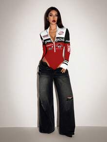 SHEIN ICON 女士时尚街头风撞色字母图案拉链长袖连体衣，秋季款 - 彩色 - 查看 3