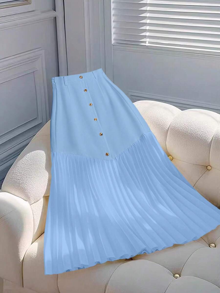 SHEIN LUNE Solid Color Pleated Elegant Skirt, Spring/Summer - Baby Blue - View 1