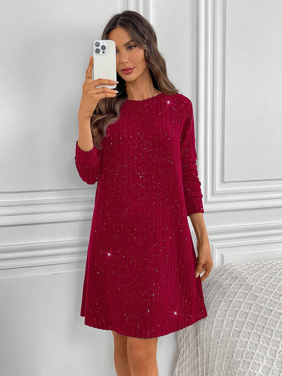 EMERY ROSE 女士时尚通勤闪亮迷你连衣裙 - 酒紅色 - 查看 1