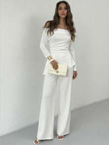Aloruh Women's White Autumn Elegant Semi Formal Two Piece Pants Set,Ruched One-Shoulder Irregular Hem Top & Draped Straight-Leg Pants Office Party Outfit - White - View 7
