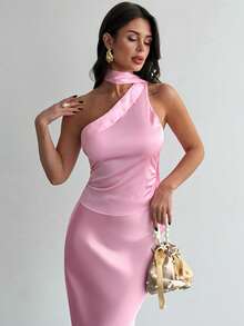 Firerie Blusa feminina de cetim, sexy, com ombros assimétricos e babados. Ideal para festas, ocasiões românticas e férias, perfeita para primavera/verão/outono. Elegante para o dia a dia, encontros, festas, casamentos, formaturas, apresentações, trabalho, volta às aulas, reuniões anuais, aniversários e feriados. - Rosa - Ver 5
