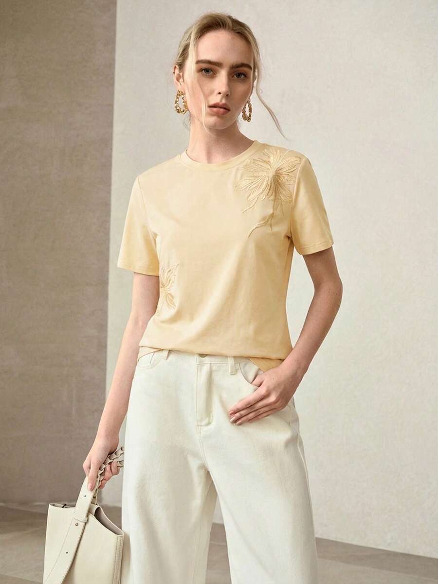 MOTF PREMIUM WOMEN'S SEQUINS EMBROIDERED FLORAL T-SHIRT - Yellow - View 1