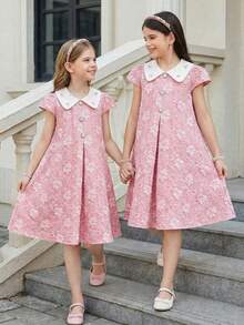 SHEIN Đầm ngắn tay thanh lịch họa tiết hoa jacquard dành cho bé gái tuổi teen - Hồng - Xem 6