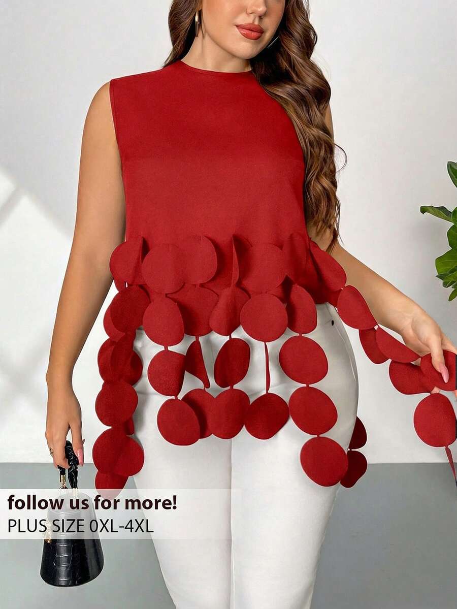 Firerie Bluză de damă Plus Size, culoare solidă, rotundă, cu decor, fără mâneci, cu guler rotund, la modă - roșu - Vizualizare 1