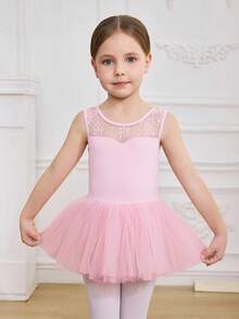 Girls (Small) Elegant & Cute Ballet Floral Lace Backless Leotard, Professional Dance Wear, Training Outfit - Pink - View 3