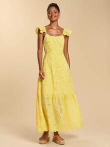 Travachic Women's Hollow Embroidery Romantic Vacation Cap Sleeve Dress - Yellow - View 3