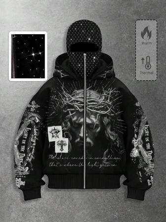 Street Life Giacca con cappuccio con chiusura lampo elegante e scura, con decorazioni in strass, per uomo