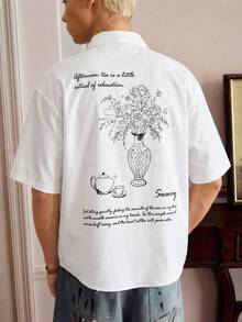 SWAVVY 男士休闲花瓶标语印花衬衫，夏季男士T恤，花卉印花T恤，男士白色图案衬衫，男士休闲衬衫 - 白色 - 查看 4
