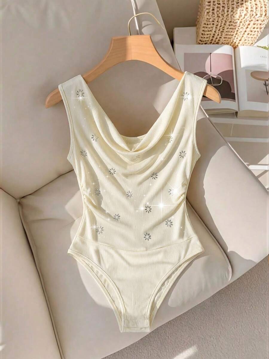 GlowEve Elegant Rhinestone Embellished Sleeveless Bodysuit, Summer - Apricot - View 1