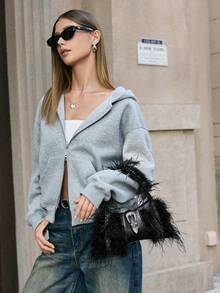 Viva Strut 女士单肩包、流浪包、手提包、仿毛皮、毛绒、皮草、黑色、PU材质、黑色包包、时尚、个性化、简约、百搭、街头风、甜美酷女孩、辣妹、Y2K、复古、铆钉、复古 - 黑色 - 查看 7