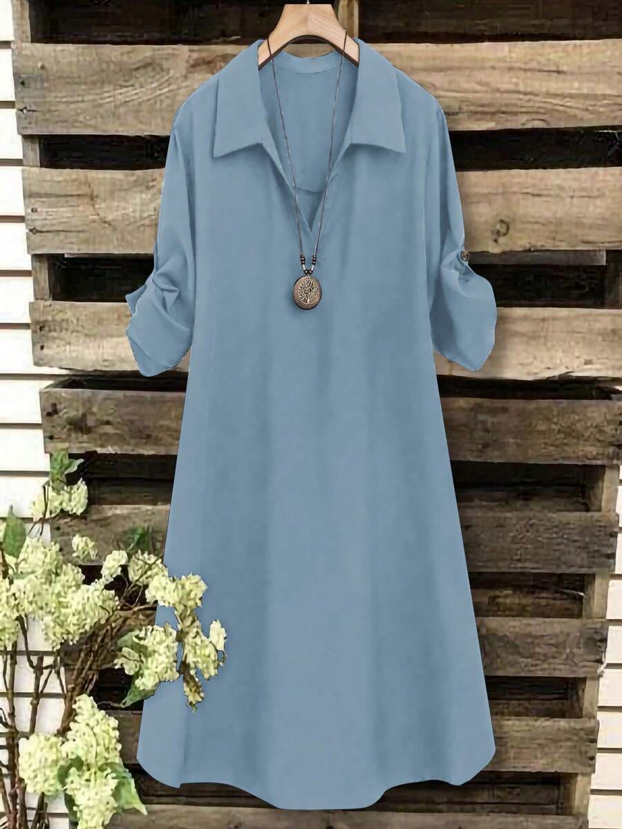 SHEIN Tall CURVE 大码女式法式休闲V领短袖夏季连衣裙