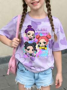 1件装 少女可爱韩流女团紫色爱心印花宽松休闲上衣，适合春、夏、秋、冬穿着，是送给女孩的绝佳情人节礼物 - 淡紫色 - 查看 3