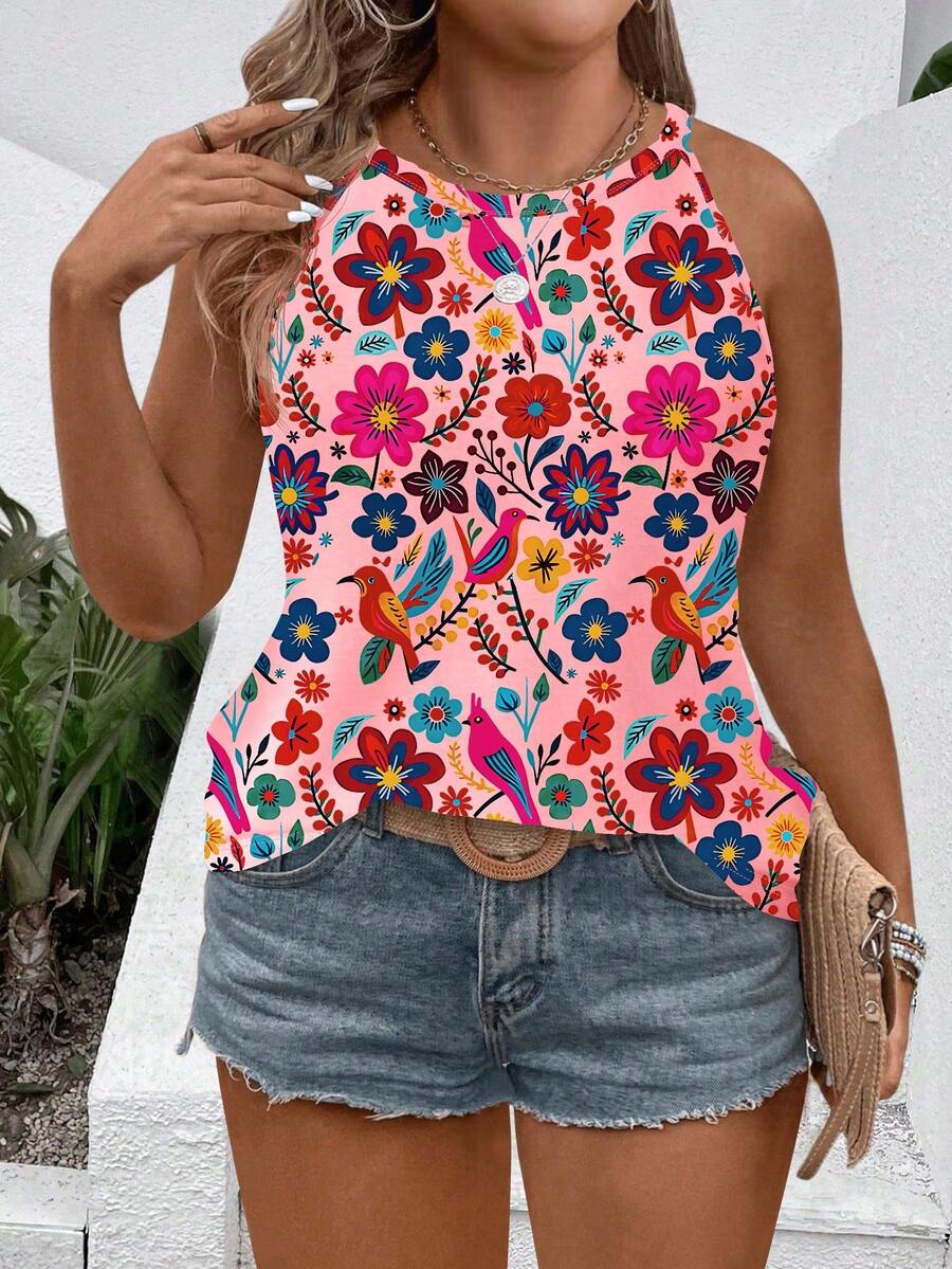 EMERY ROSE Women's New Floral Print Camisole And Tank Top, Round Neck Sleeveless, Hot Selling Plus Size, Spring/Summer - Multicolor - View 1