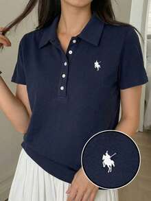 Áo thun tay ngắn cổ polo in hình hiệp sĩ dành cho nữ tuổi teen - Màu xanh hải quân - Xem 1