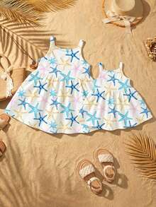 1件女婴（6个月-2-3岁）彩色海星印花无袖连衣裙，轻盈可爱，适合海滩度假和夏季穿着 - 彩色 - 查看 4