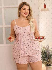 CottageSlumber Plus Size Knitted Ribbed Floral & Cartoon Dog Print Camisole & Shorts Pajama Set - Pink - View 6