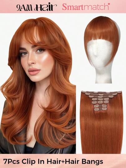 SMART&MATCH Hair Bangs+7PCS With 20 Clips 115G Double Weft Invisible Clip In Hair Extensions Human Hair #33 Auburn Brown Real Human Hair Clip In Extensions Human Hair Extensions Real Double Weft Human Hair Clip Ins Easy To Shape For Thin Hair Or Salon Use And For All Women/Girls Daily Use