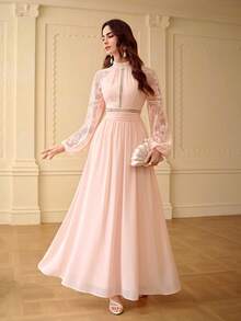 ZEYLAH Elegant Romantic Lace Patchwork Flare Sleeve Fitted A-Line Dress, Spring/Summer - Coral Pink - View 4