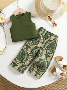 SHEIN 2件套女婴夏季可爱度假针织绿色背心和印花裤子套装 - 彩色 - 查看 6