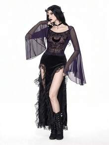 ROMWE Goth Dark Vintage Palace Vine & Moon Pattern Flocked Sheer Mesh Top For Women - Purple - View 2