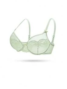 LUVLETTE Soft Woman LingerieBreathable Underwire Sexy Unlined Minimizer Green Floral Lace & Sheer Mesh Bra
