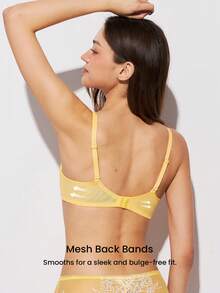 LUVLETTE Soft Woman Lingerie Breathable Underwire Sexy Unlined Minimizer Yellow Floral Lace & Sheer Mesh Bra