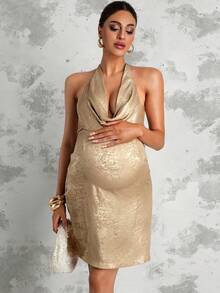 MaterniChic 孕妇深V领系带露背性感度假派对连衣裙 - 金色 - 查看 4