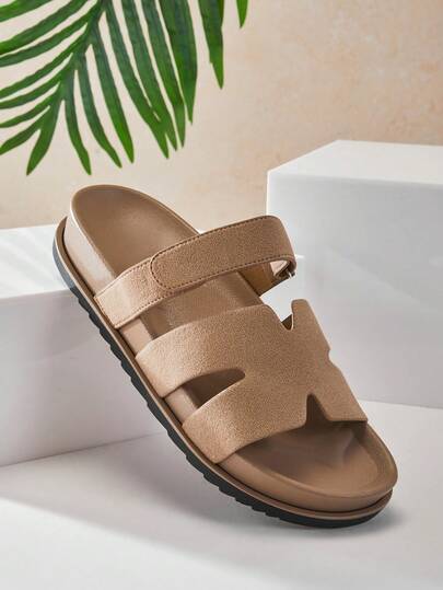 SHUZIA Faux Leather Cutout Design Taupe Pu Detailing Slip On Sandals