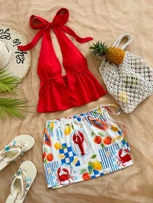 Soleia Bộ trang phục thời trang dự tiệc hẹn hò dành cho nữ, gồm áo cổ chữ V sâu, buộc dây cổ và chân váy ngắn. - Nhiều màu - Xem 5