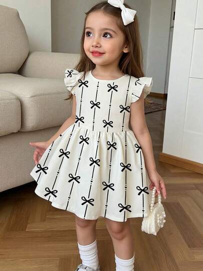 Vestido casual y lindo con mangas de vuelo y decoración de lazo de punto para niña joven