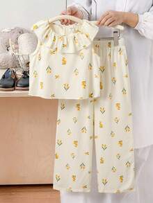 Emery Rose Kids 少女两件套 少女梭织碎花荷叶边上衣和宽松长裤套装 节日服装 - 白色 - 查看 4