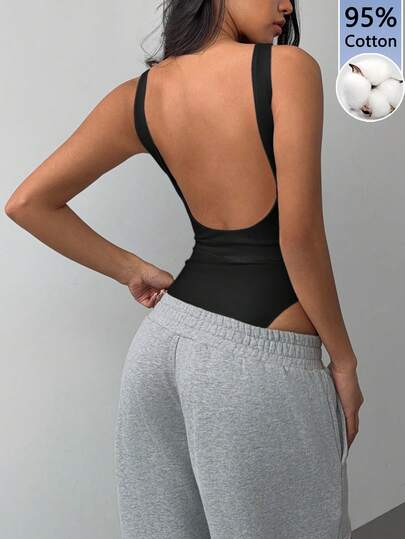 SHEIN BASICS Damskie body casualowe z dzianiny w jednolitym kolorze, 95% bawełny, z odkrytymi plecami i okrągłym dekoltem, eleganckie, uniwersalne, letnie, rowerowe, do jogi, na siłownię, na wakacje, do szkoły, w stylu retro vintage, dziewczęce, czyste, sportowe, dla pokolenia Z, całoroczne